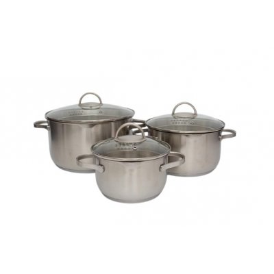 SET DE 6 PIEZAS ACERO INOX. OLLAS CON TAPA DE VIDRIO 16, 20, Y 24 CM